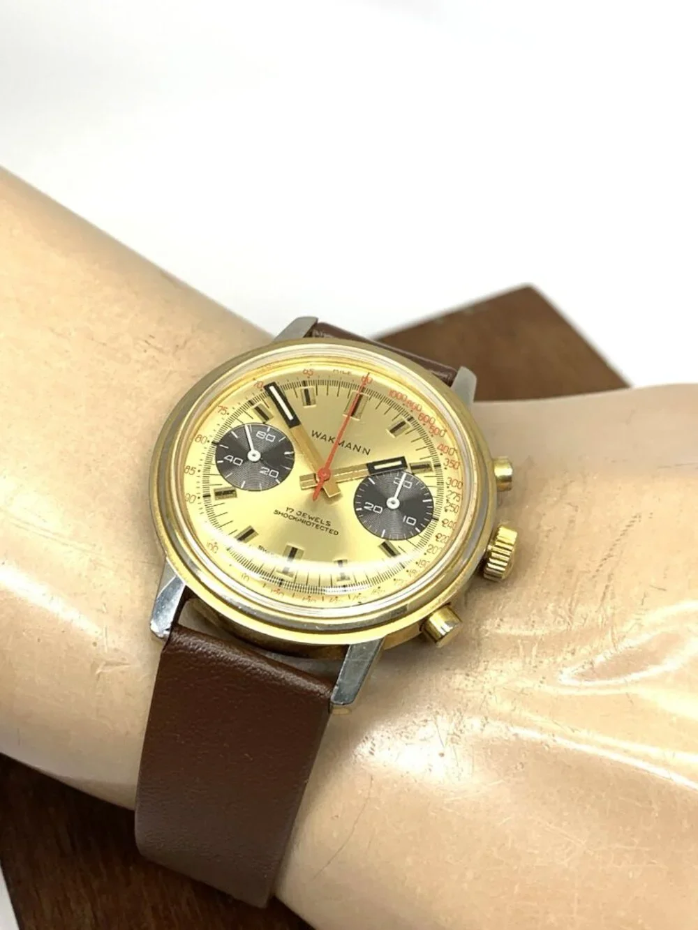 Wakmann Men's Watch Vintage Swiss Manual Wind 1376 Chronograph Gold Dial 37mm